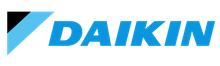 Daikinin logo, jossa on sinistä tekstiä ja vaaleansininen kolmionmuotoinen kuvio valkoisella taustalla