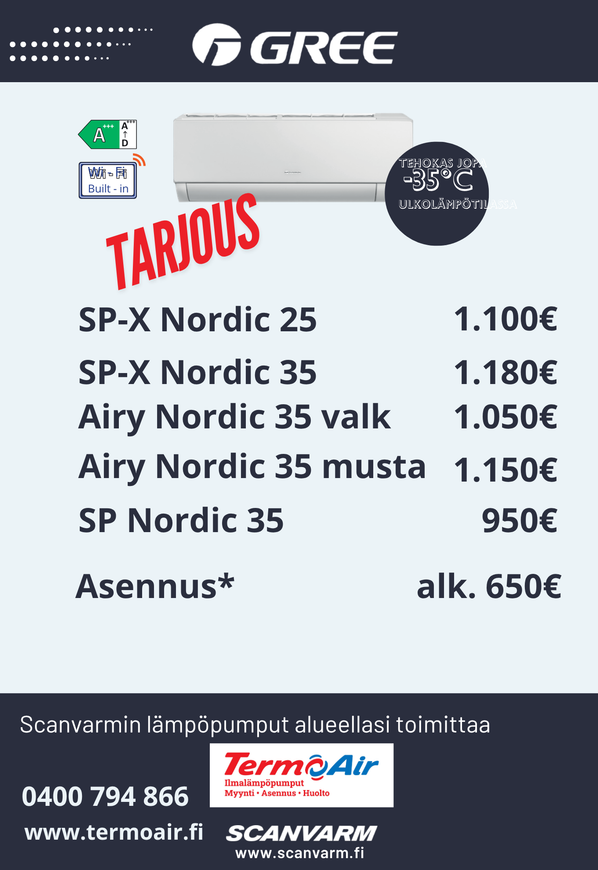 GREE-ilmastointilaitemainos, jossa on TARIUS-banneri ja SP-X Nordic- ja Airy-mallien hinnasto