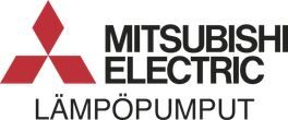 Mitsubishi Electricin logo, jossa on punainen kolmen timantin merkki ja sen alla teksti ”Lämpöpumput”