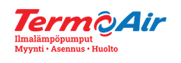 TermoAir-logo punaisella ja sinisellä, ja siinä suomenkielinen teksti: ”Ilmalämpöpumput, Myynti • Asennus • Huolto”