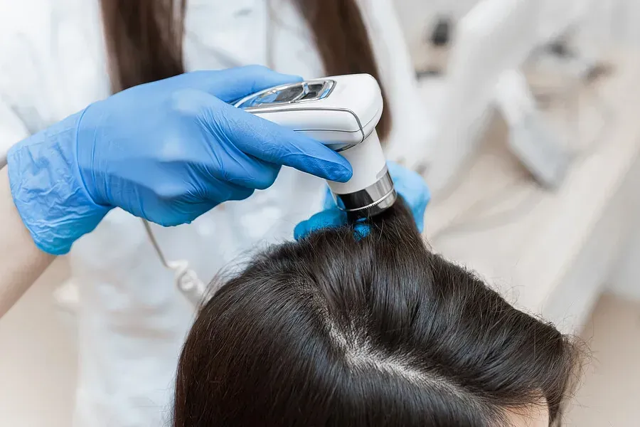 Una mujer se está haciendo examinar el cabello por un médico.