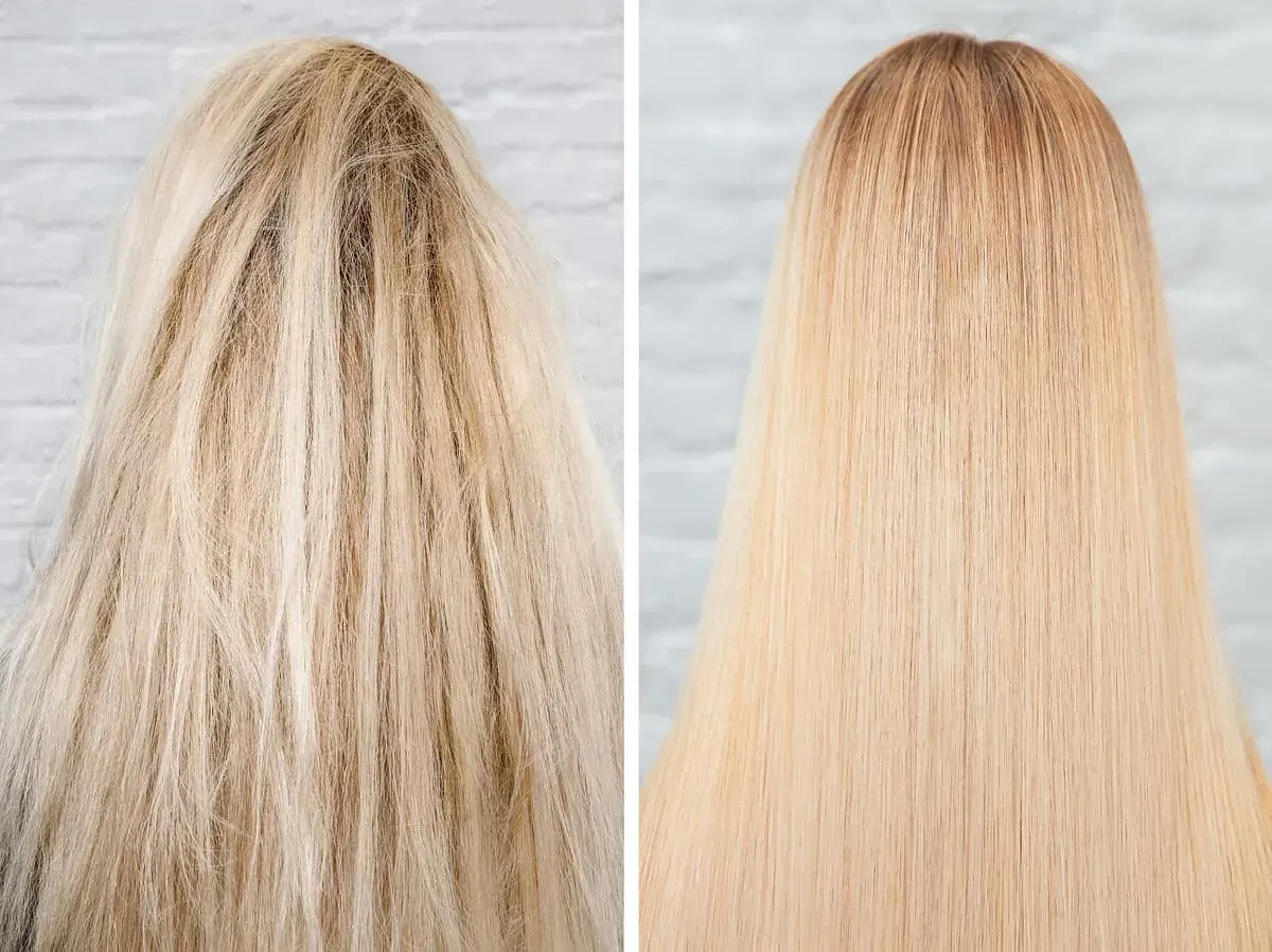 Una foto de antes y después del cabello rubio de una mujer.