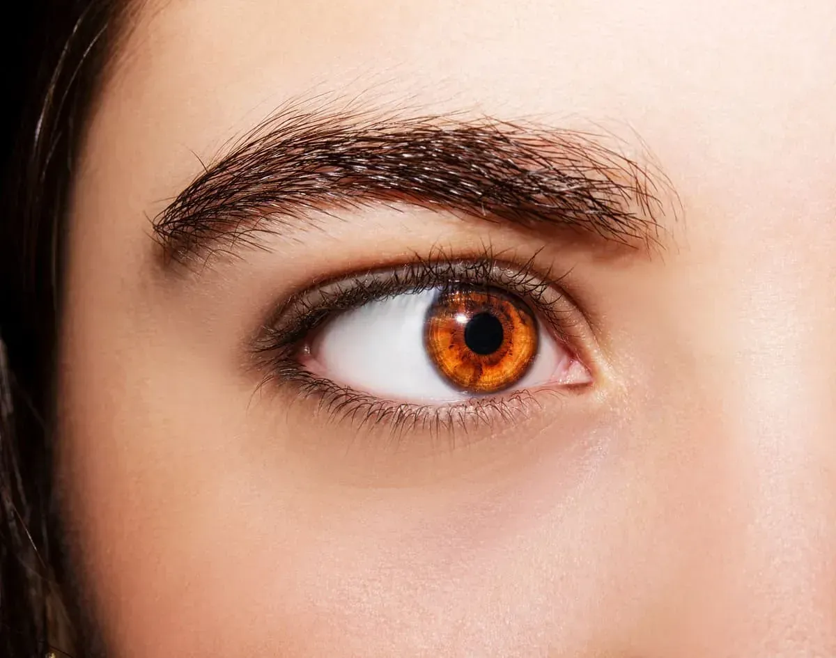 Un primer plano del ojo marrón de una mujer con una pupila blanca.