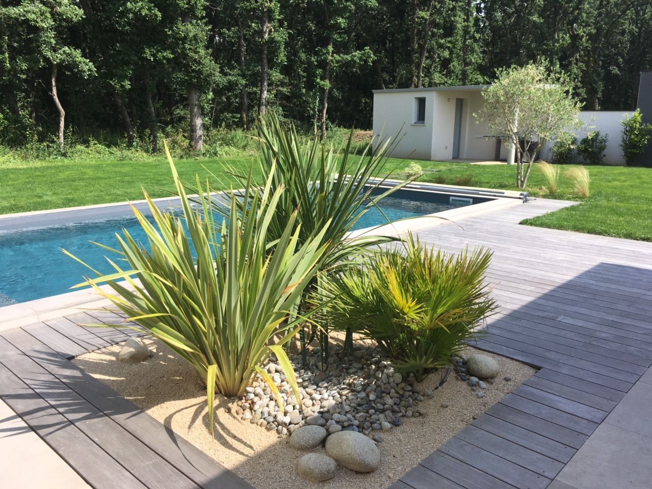 Photo d'un jardin aménagé avec une piscine, un bâtiment blanc en arrière -plan et une plantation en premier plan.