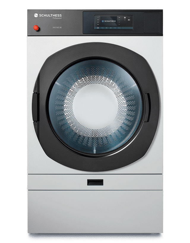 Eine Waschmaschine und ein Trockner stehen nebeneinander auf einem weißen Hintergrund.