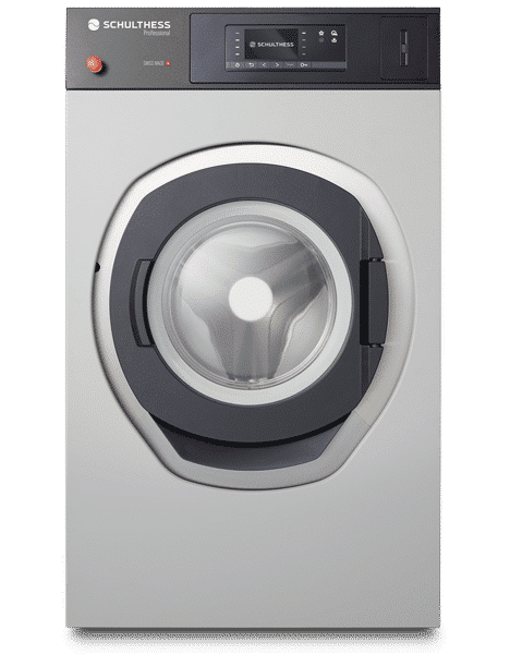 Auf einer weißen Fläche steht eine Waschmaschine.