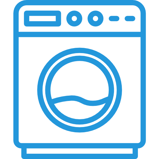 Ein blaues Waschmaschinensymbol auf weißem Hintergrund.