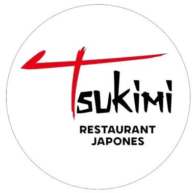 Logotipo del restaurante japon&eacute;s Tsukimi, con detalles en rojo estilo caligraf&iacute;a y texto negro en un marco circular blanco.