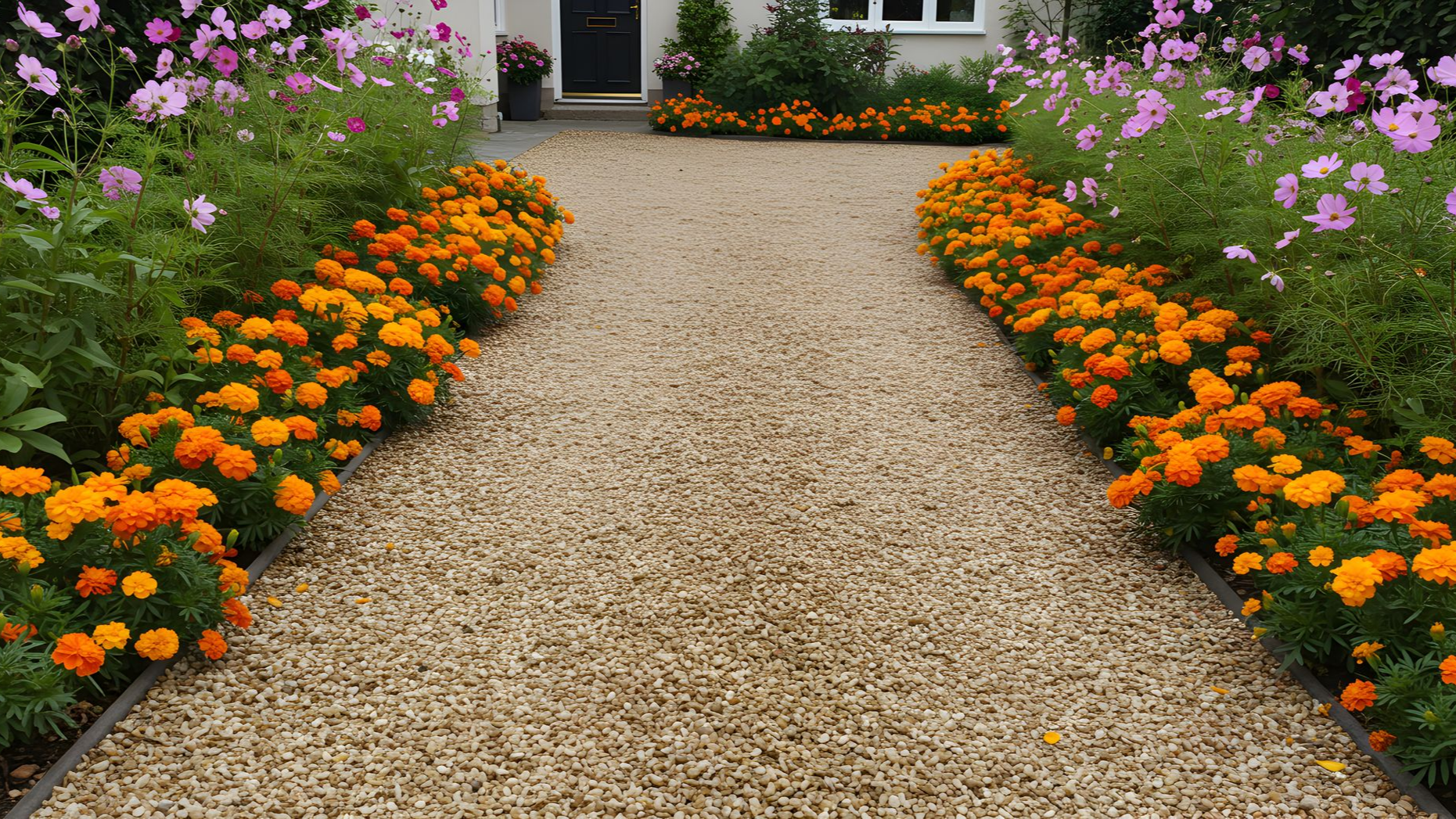 Un chemin de gravier bordé de fleurs orange et roses mène à une maison à la porte noire.