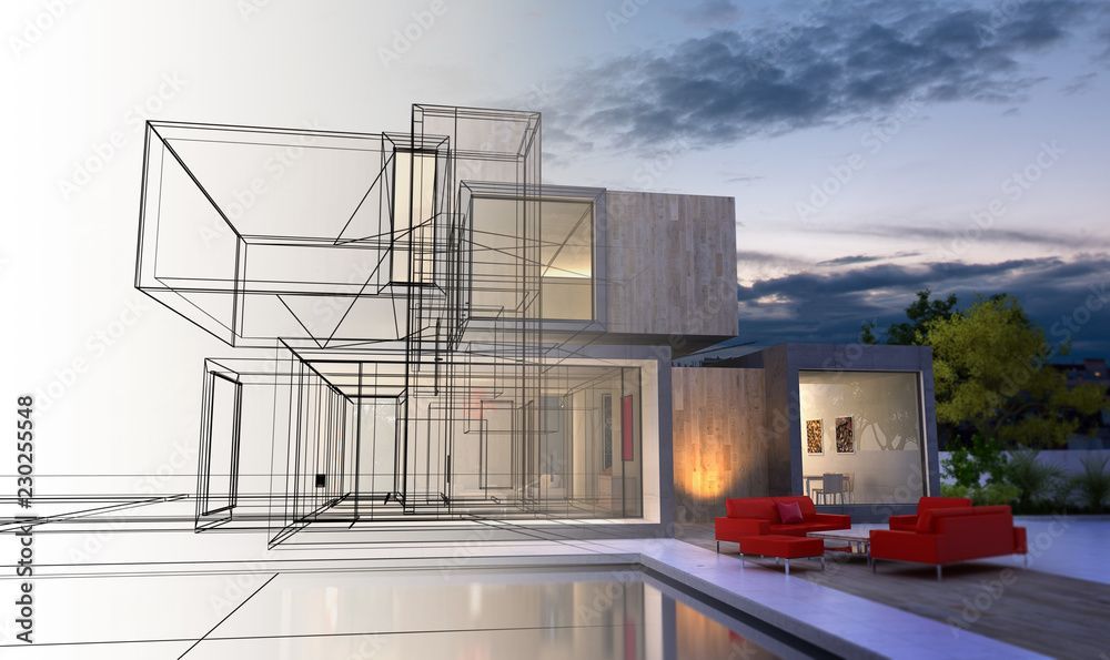 Zeichnung eines modernen Hauses mit Pool