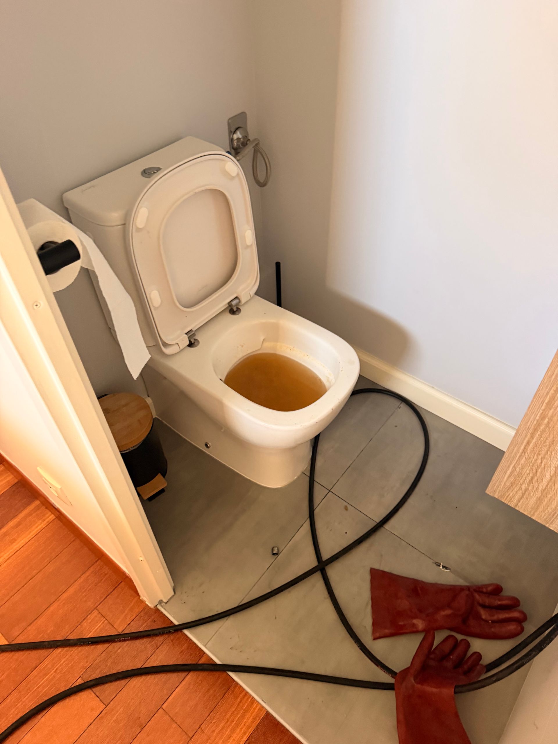 Toilettes avec l’abattant relevé dans une petite salle de bains, tuyau au sol, gants à proximité.
