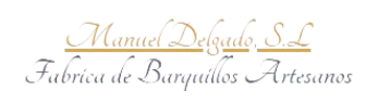 Logotipo con texto en cursiva dorada que dice “Manuel Delgado, SL Fábrica de Barrillos Artesanos” sobre fondo blanco.