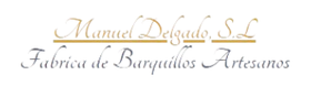 Logotipo con texto en cursiva dorada que dice “Manuel Delgado, SL Fábrica de Barrillos Artesanos” sobre fondo blanco.