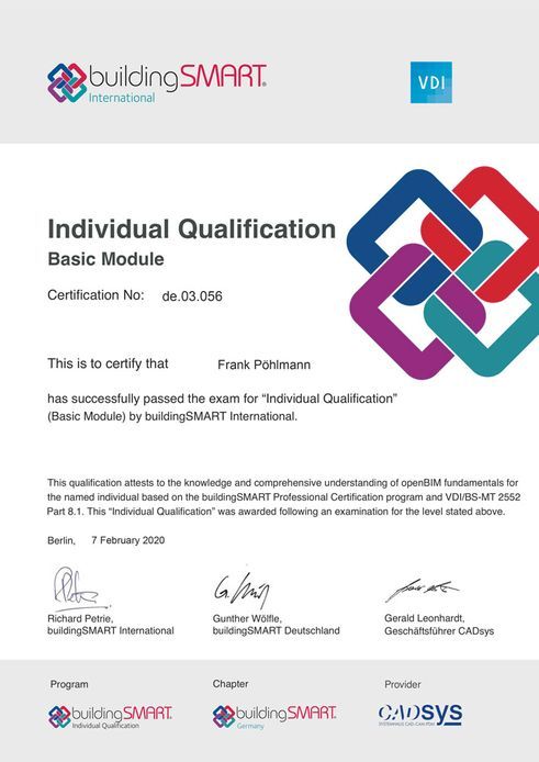 Zertifikat von buildingSMART International: Individuelle Qualifikation, Basismodul.