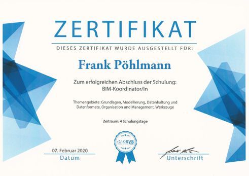 Urkunde für Frank Pöhlmann, BIW-Koordinatorin, vom 07.02.2020, mit Unterschrift und Siegel.