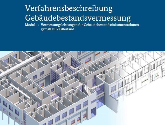 Cover eines Handbuchs: „Verfahrensbeschreibung zur Gebäudebestandsvermessung.“ Enthält eine 3D-Architekturdarstellung.