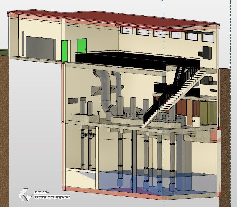 Schnittdiagramm eines Gebäudes, das die interne Infrastruktur zeigt, einschließlich Pumpen, Rohren und einer Treppe.
