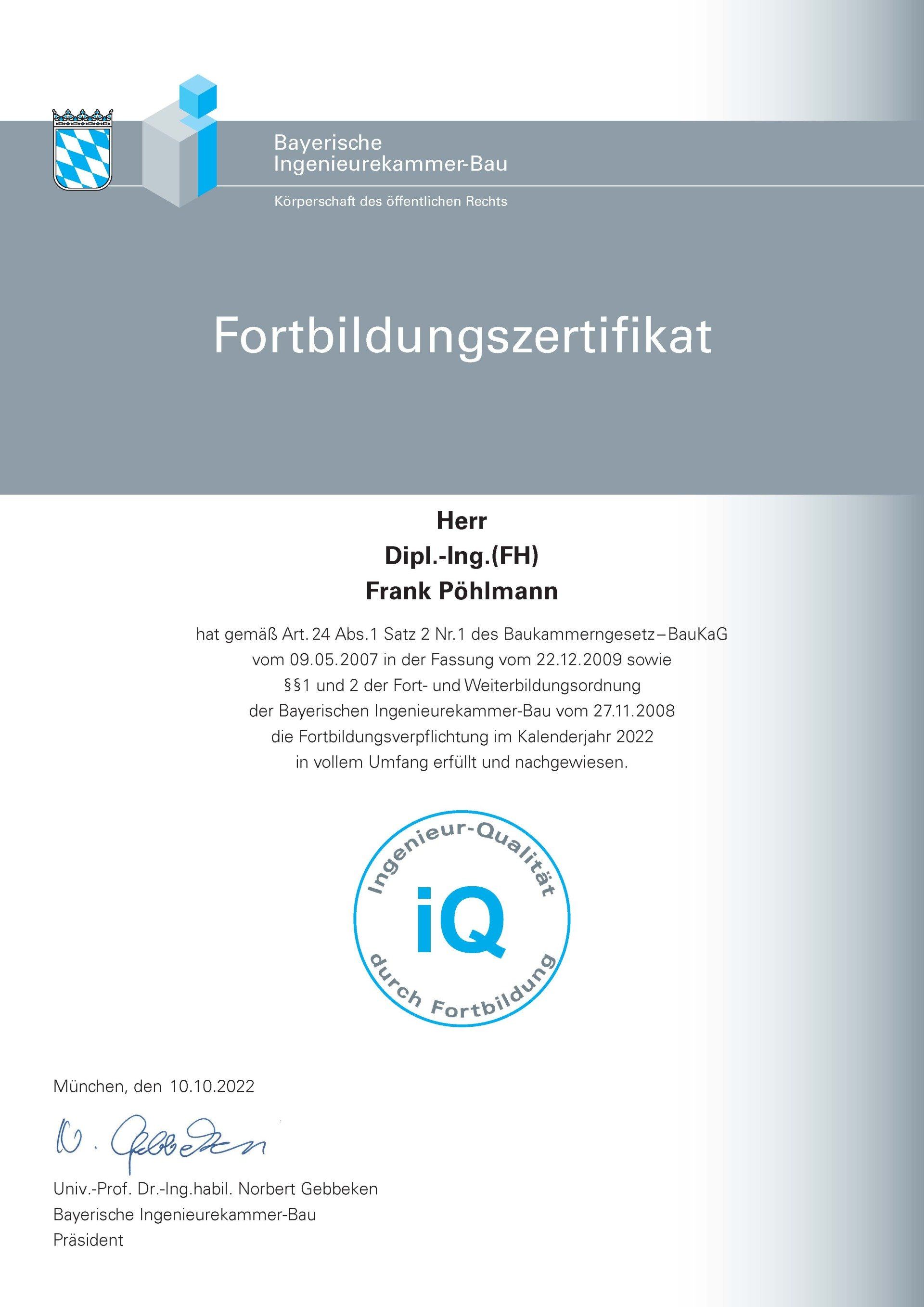 Zertifikat mit deutschem Text und IQ-Logo.