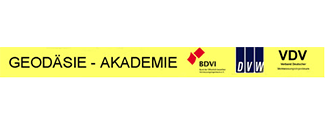 Gelbes Banner mit „GEODÄSIE – AKADEMIE“ und Logos für SDVI, DVW und VDV.