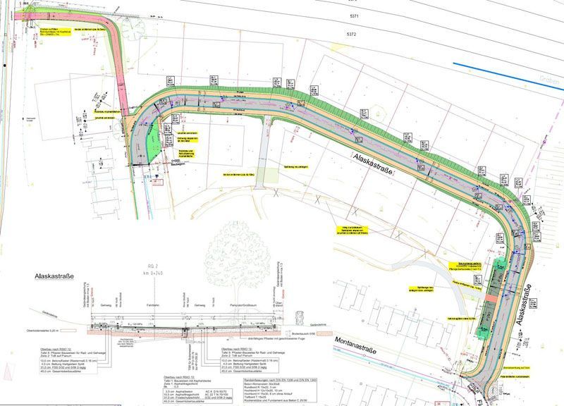 Foto Erschließungsstraße Lageplan Regelquerschnitt
