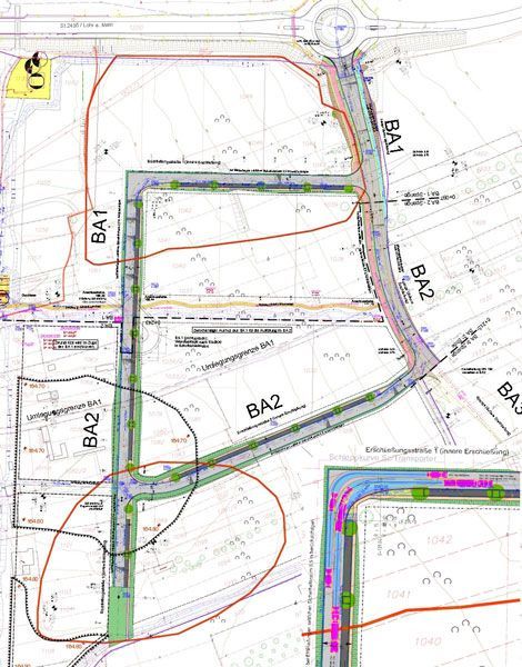 Lageplan der Schleppkurve des Gewerbe- und Industriegebietes