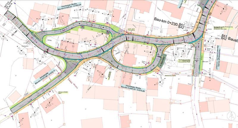 Ausführungsplan der Kreisstraßenortsdurchfahrt mit Gehwegen und Nebenstraßen