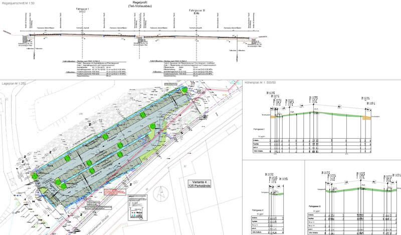 Technische Zeichnungen eines Straßenbauprojekts in Draufsicht und Seitenansicht, einschließlich Plan, Querschnitten und Höhenangaben.