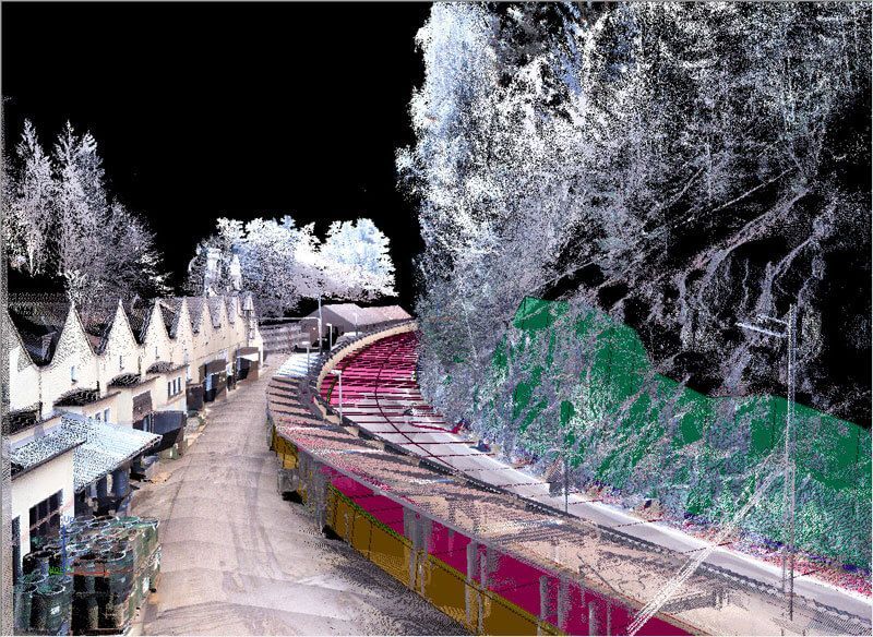 Eine farbenfrohe Punktwolkendarstellung einer Bahnstrecke, die sich entlang einer Klippe und einer Stadt mit Häusern schlängelt.