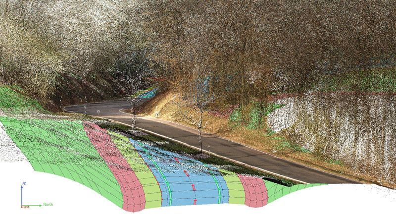 3D-Punktwolkendarstellung einer Straße, die durch einen Hang führt, mit farbigen Abschnitten zur Analyse.