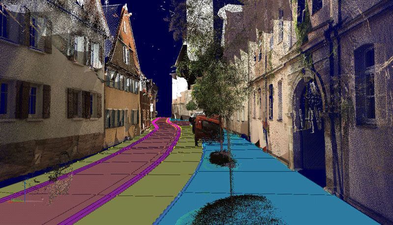 Stadtstraßenszene mit Gebäuden und segmentiertem Boden; Straße, Gehweg und verschiedene Farben.