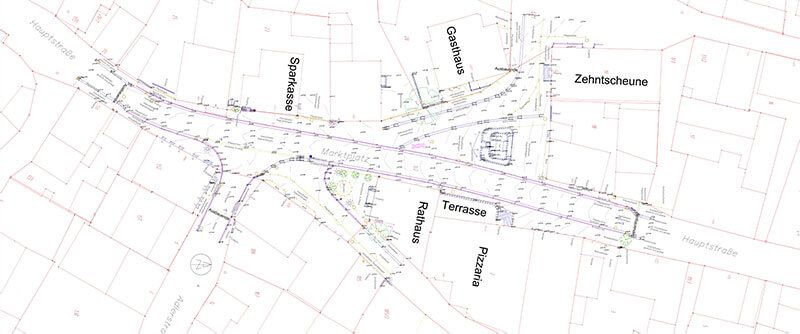 Eine Karte einer Straßenkreuzung mit mehreren Straßennamen und Gebäudeumrissen.