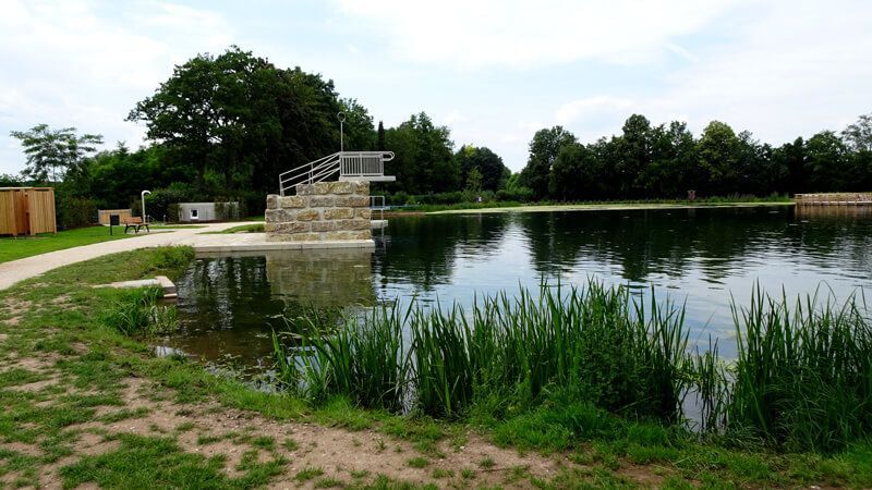 See mit Sprungbrett; Grasufer im Vordergrund, Bäume im Hintergrund, bedeckter Himmel.