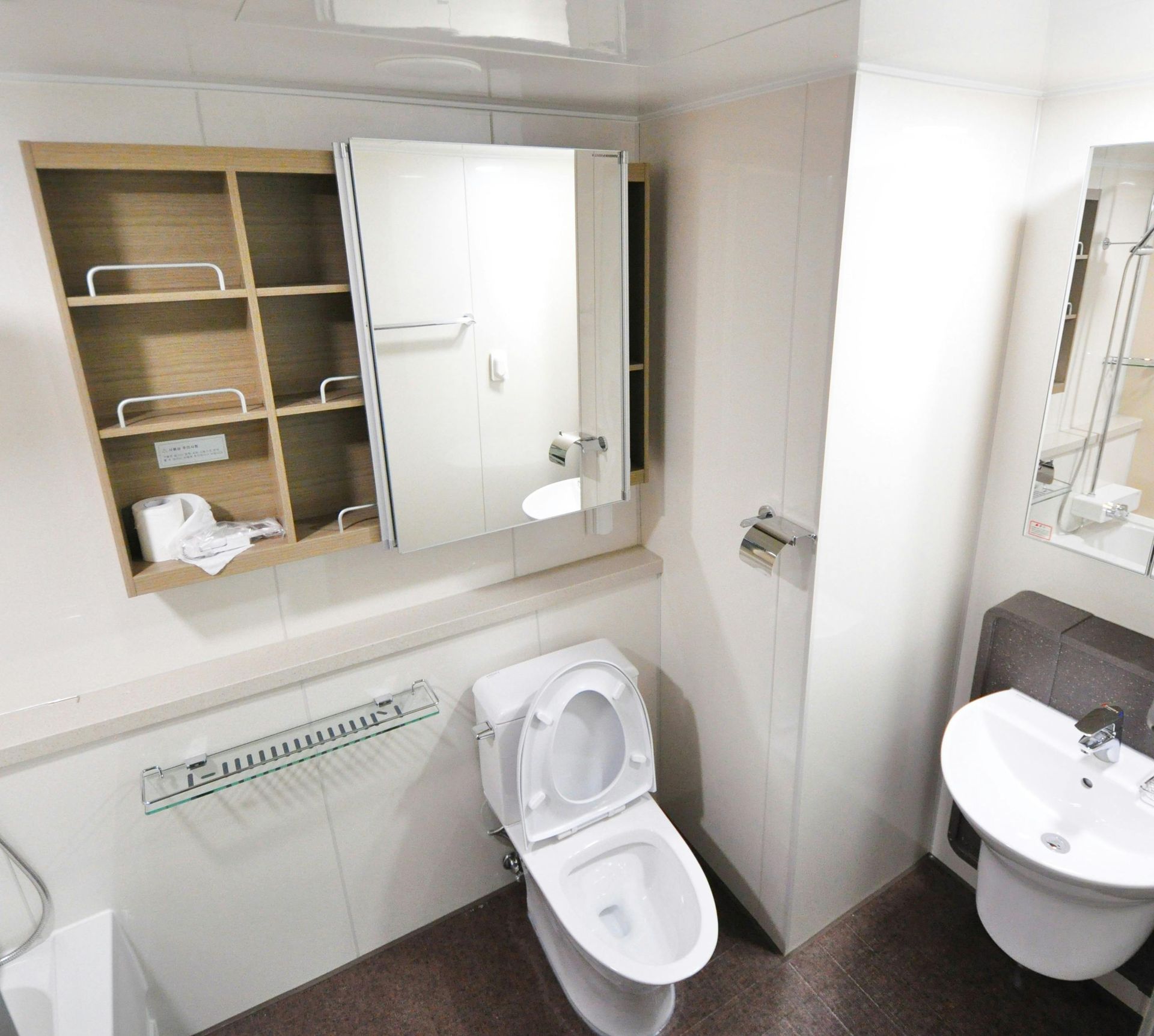Ein kleines, weißes Badezimmer mit Toilette, Waschbecken und Spiegelschrank.