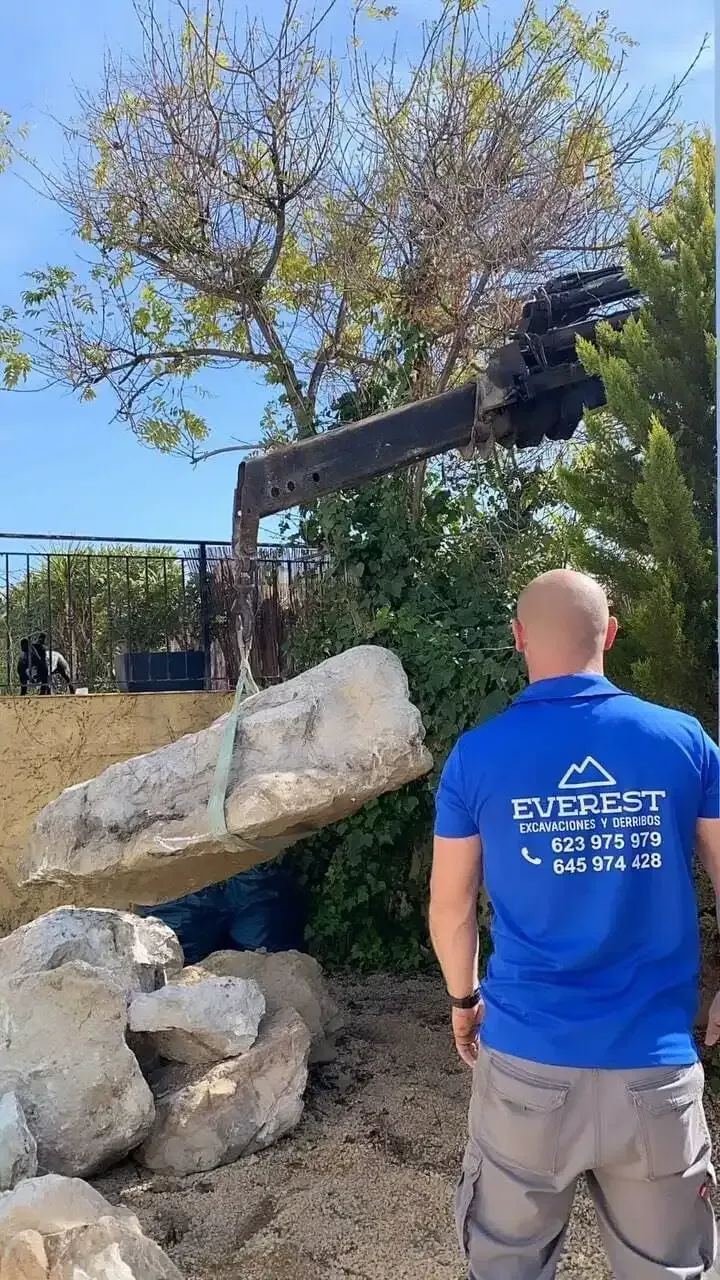 Un hombre con camisa azul observa cómo una grúa coloca una gran roca cerca de arbustos y árboles.