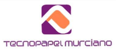 Logotipo de Technopapel Murciano con una marca abstracta morada y naranja y texto morado.