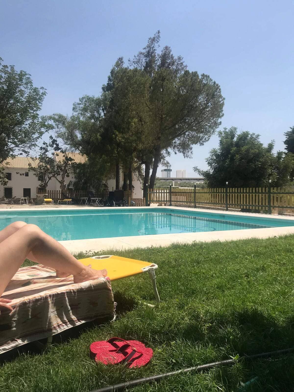 Vista de la piscina: Persona relajándose en una tumbona amarilla junto a una piscina en un día soleado.
