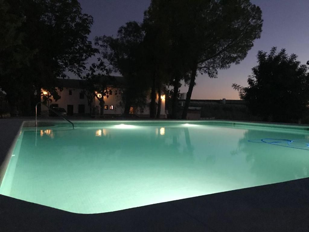 Piscina iluminada al anochecer, con luces reflejadas. Árboles y un edificio al fondo.