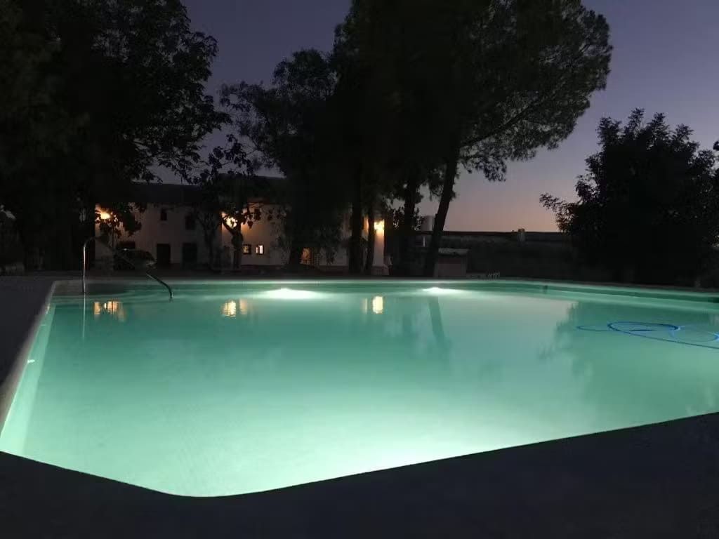 Piscina de noche con agua iluminada, edificio y árboles al fondo.