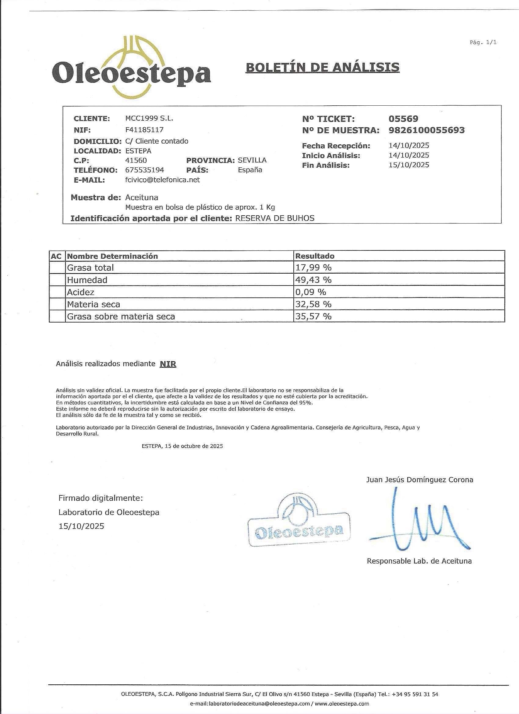 Un documento de Oleoestepa con los resultados de las pruebas. Se ven el texto y la firma.