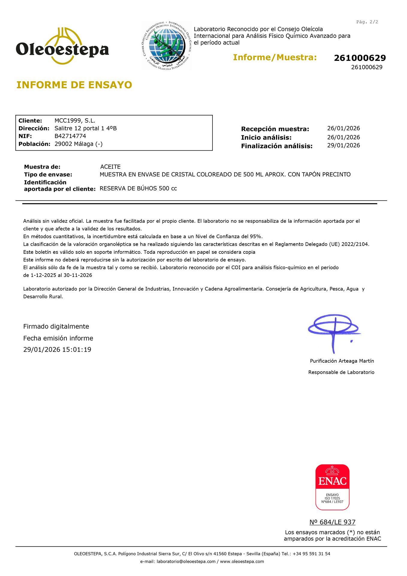 Informe de pruebas de Oleoestepa con logotipo, detalles y firma de la empresa.