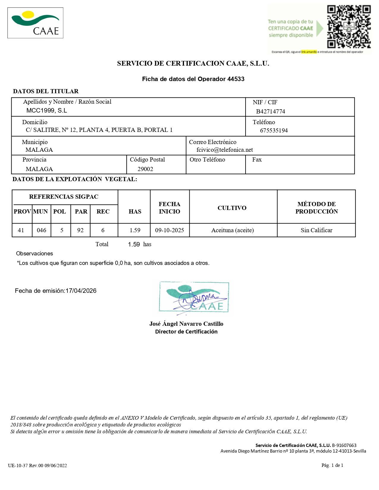 Informe de pruebas de Oleoestepa con logotipo, detalles y firma de la empresa.