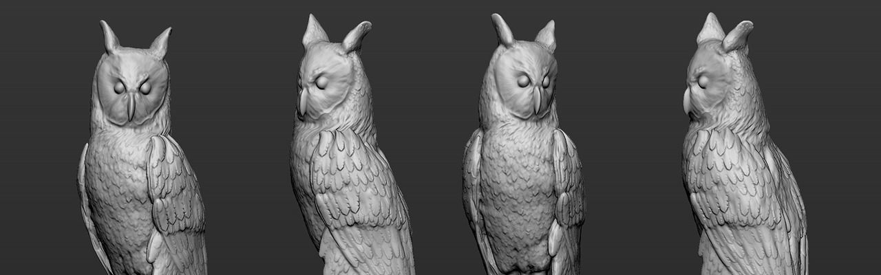 Cuatro figuras de búho en escala de grises.
