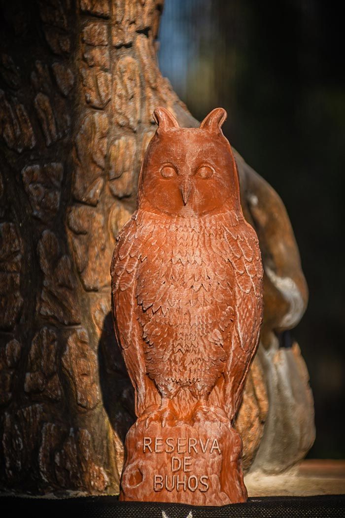 Una pequeña estatua de un búho marrón tallada en madera se encuentra frente a un fondo de madera texturizada de mayor tamaño.