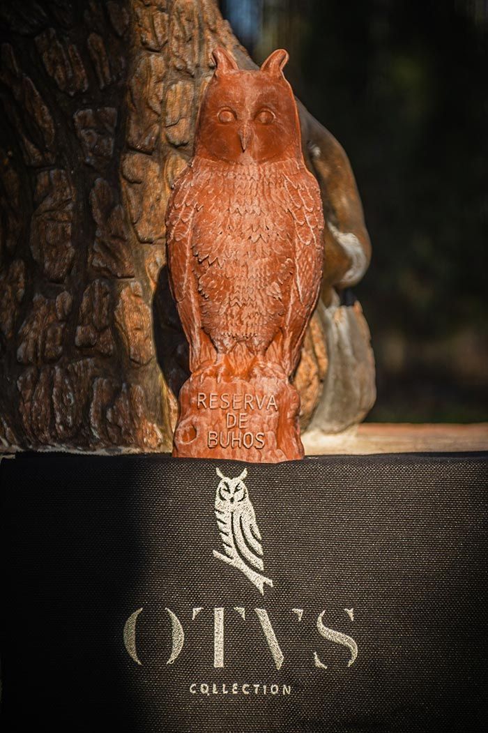 Una figurita de búho de color marrón rojizo se alza sobre una base negra con el logotipo de un búho y el texto