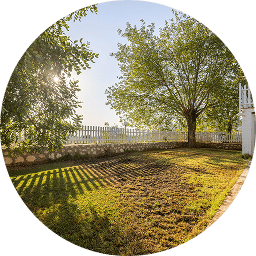 Patio cubierto de hierba con árboles altos, muro de piedra y valla blanca a la luz del sol.
