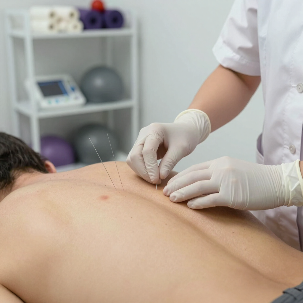 Tratamiento de acupuntura en la espalda de un paciente en una clínica, con manos enguantadas colocando agujas.