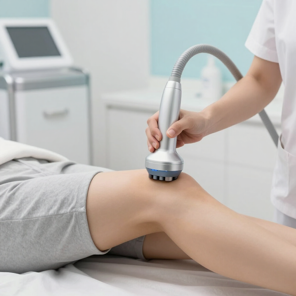 Mujer tumbada en una camilla durante un procedimiento facial en una luminosa habitación de clínica.
