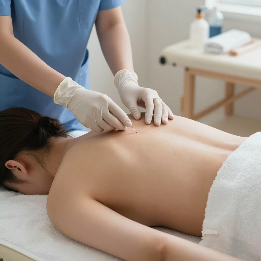 Masajista insertando agujas en la espalda de un cliente en una sala de spa.