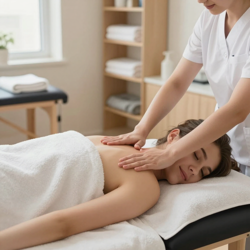 Masajista dando un masaje de espalda a un cliente en una camilla de tratamiento en una sala de spa.