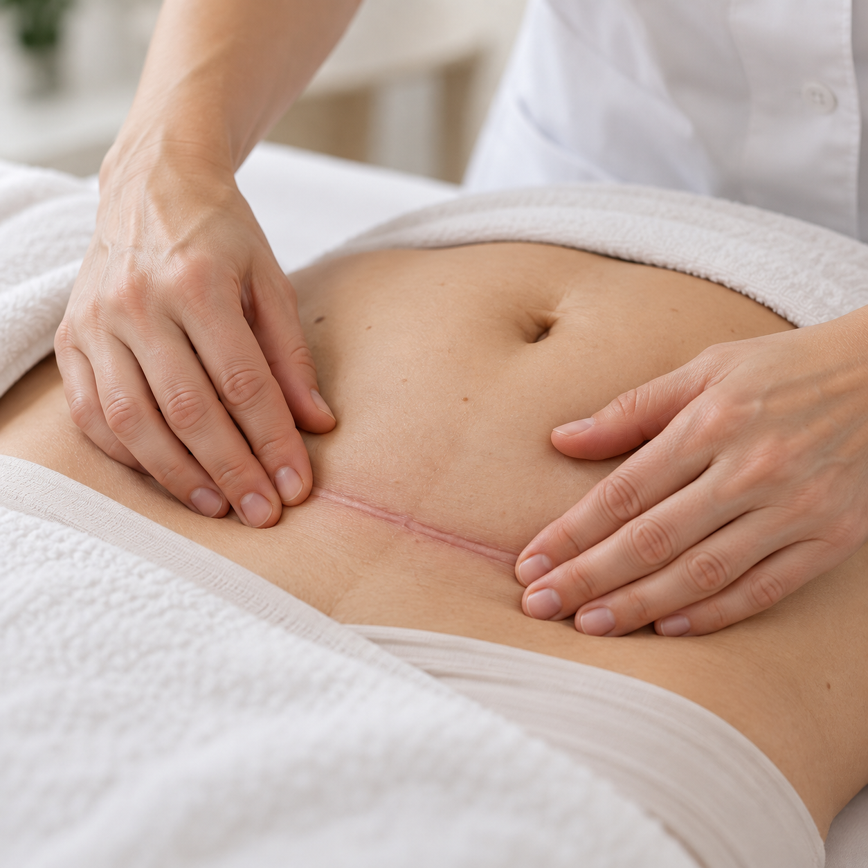 Unas manos masajean suavemente una cicatriz abdominal ya curada sobre el vientre descubierto de una persona.